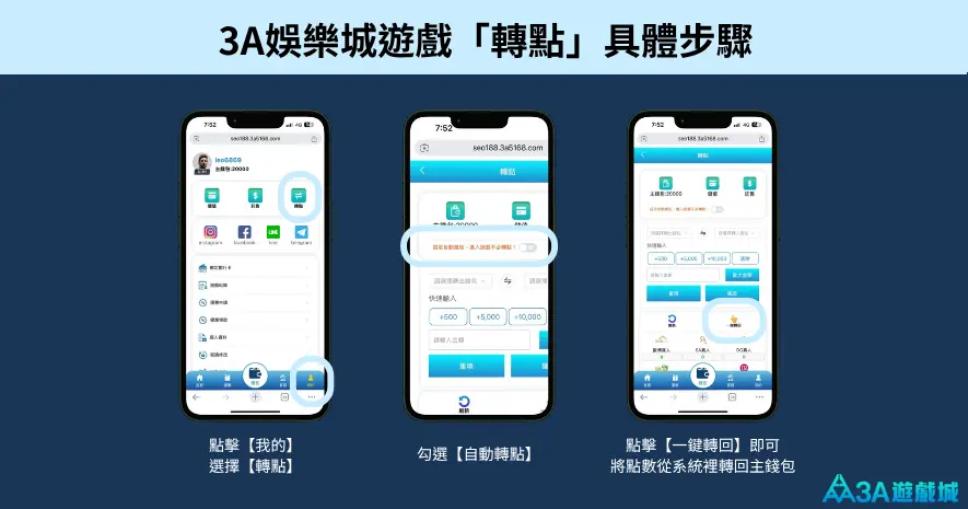  通博娛樂城遊戲「轉點」具體步驟圖解：從我的頁面選擇轉點，設定自動轉點並點擊一鍵歸戶。